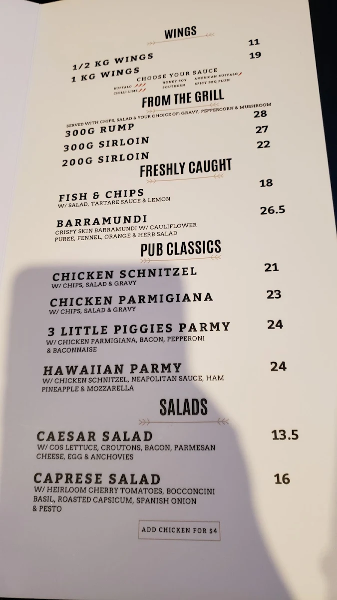 Menu, Agincourt Hotel