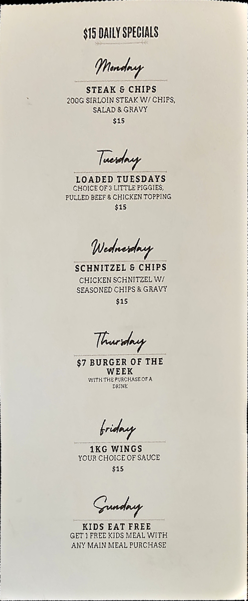 Menu, Agincourt Hotel