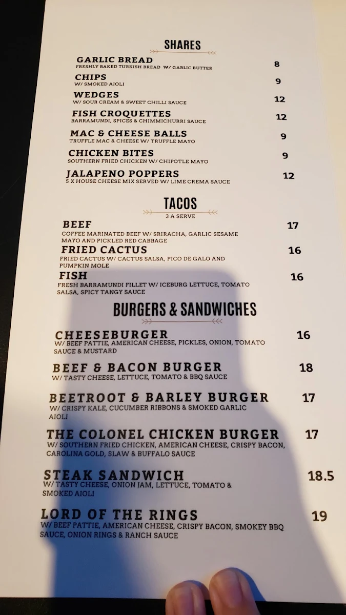 Menu, Agincourt Hotel