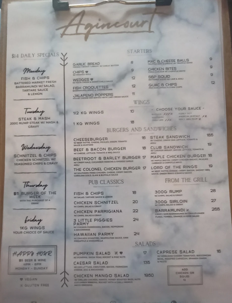 Menu, Agincourt Hotel