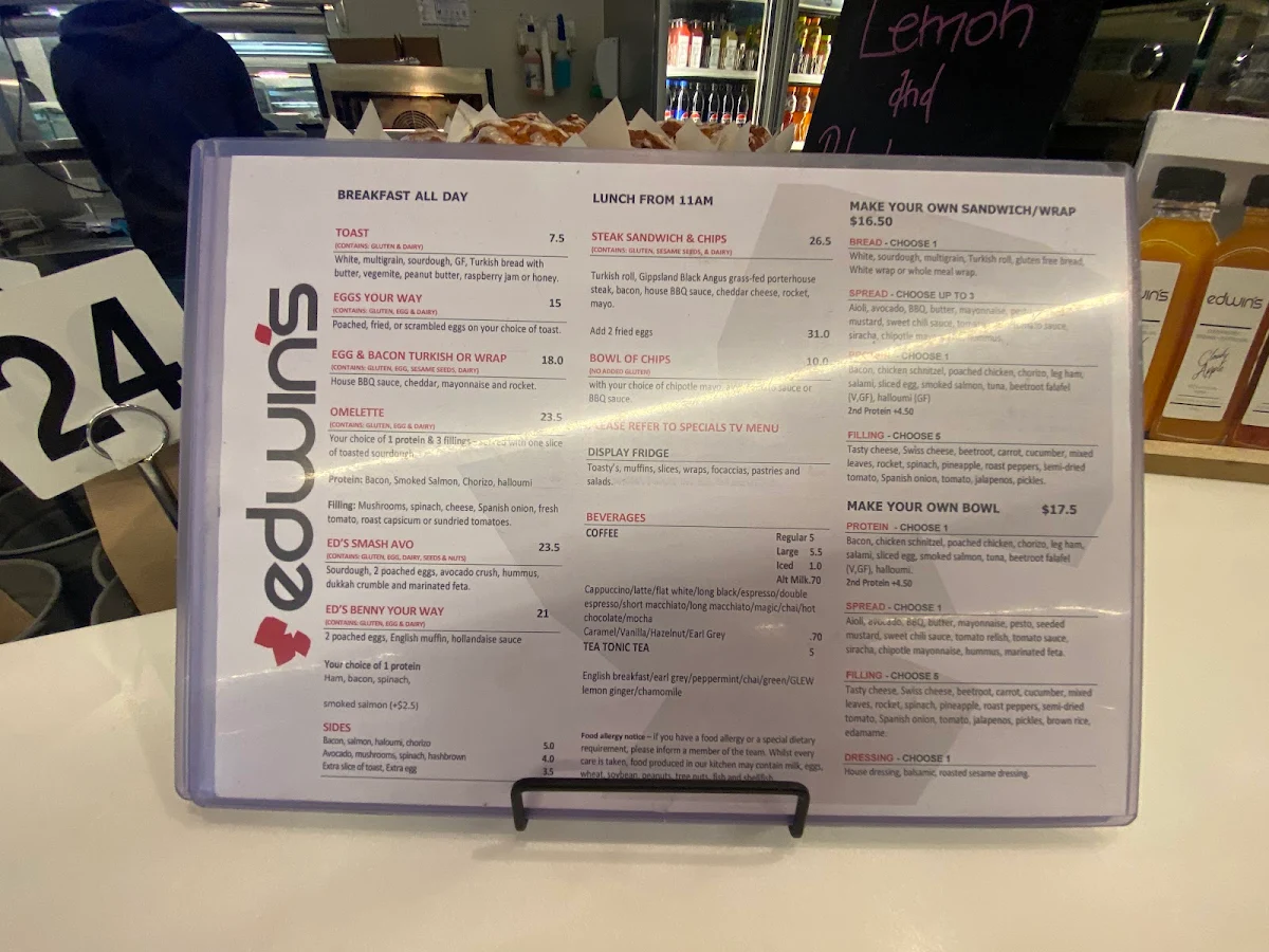 Menu, Edwin's Cafe