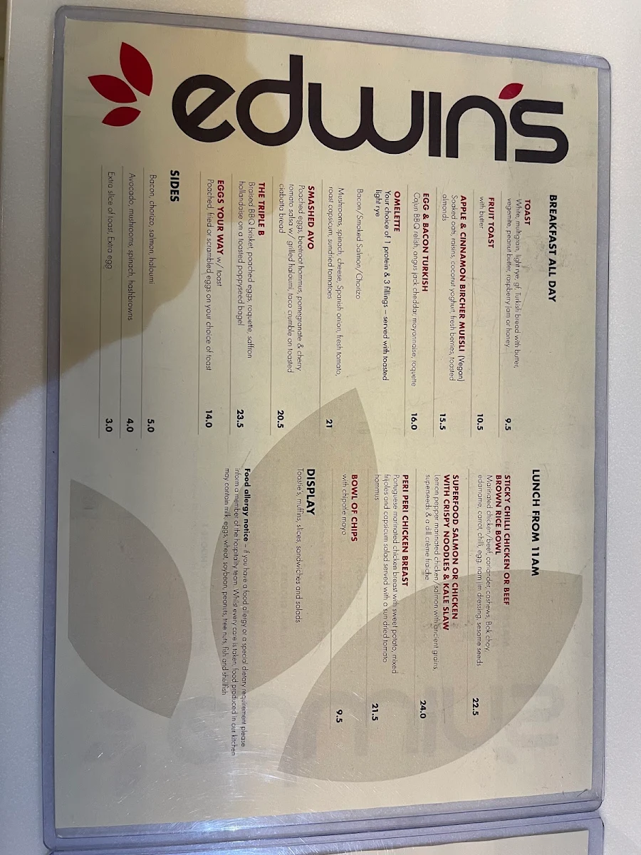Menu, Edwin's Cafe