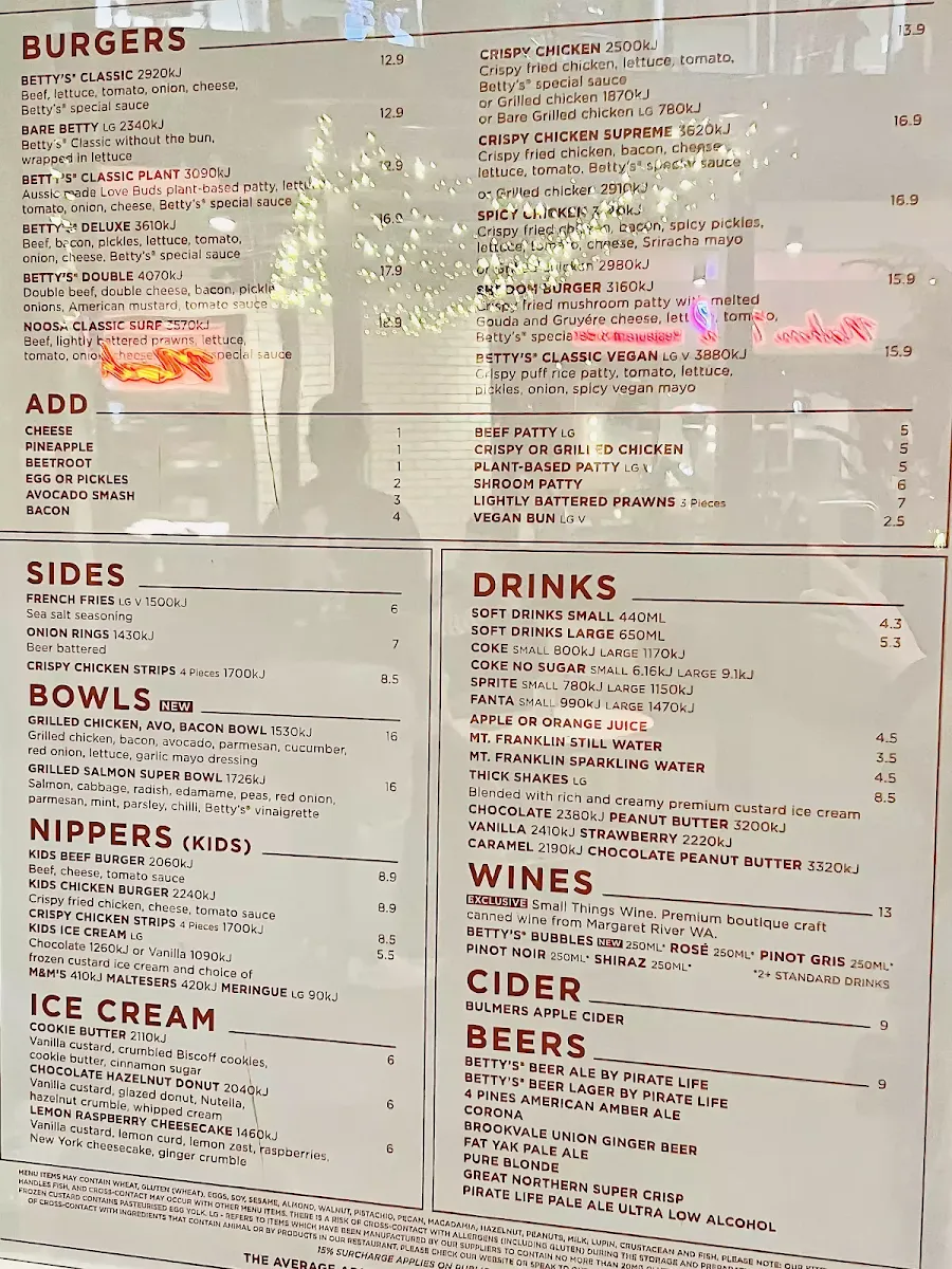 Menu, Betty's Burgers