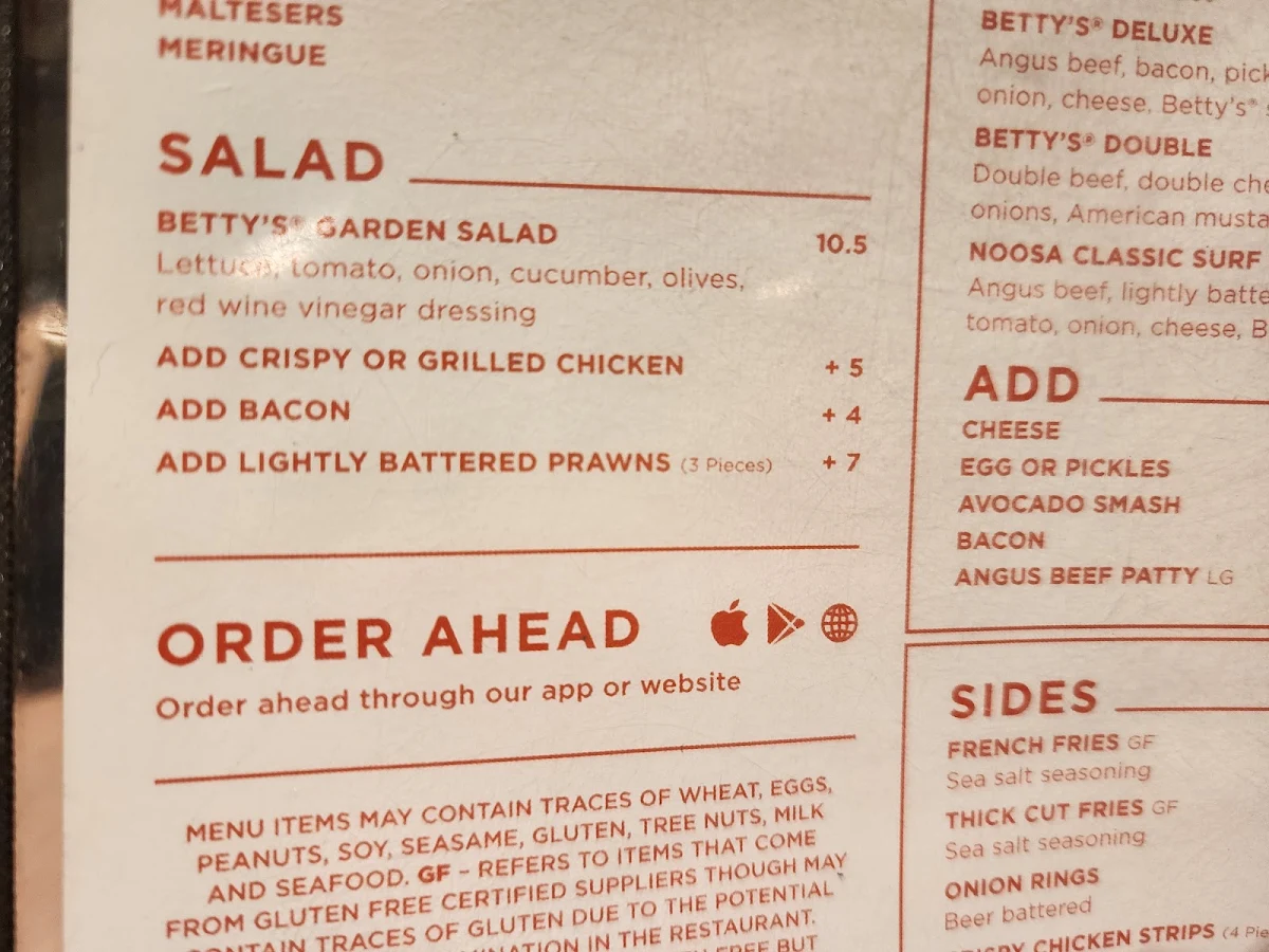 Menu, Betty's Burgers