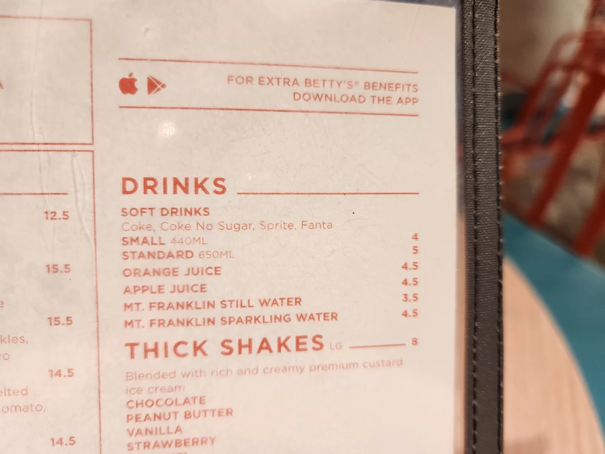Menu, Betty's Burgers