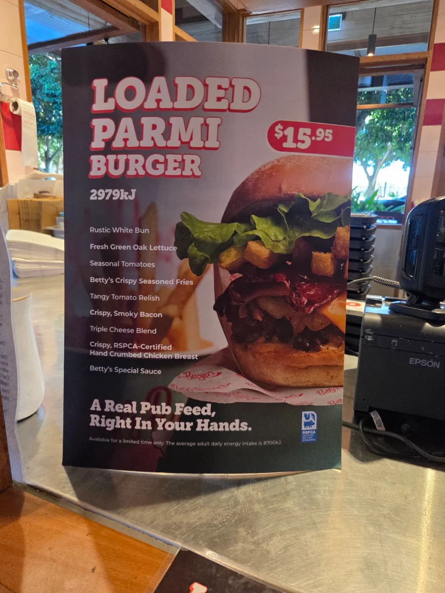 Menu, Betty's Burgers