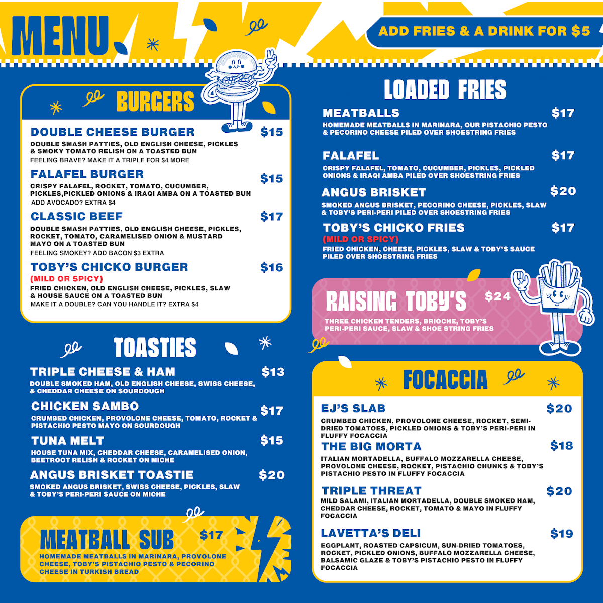Menu, Toby’s Milkbar