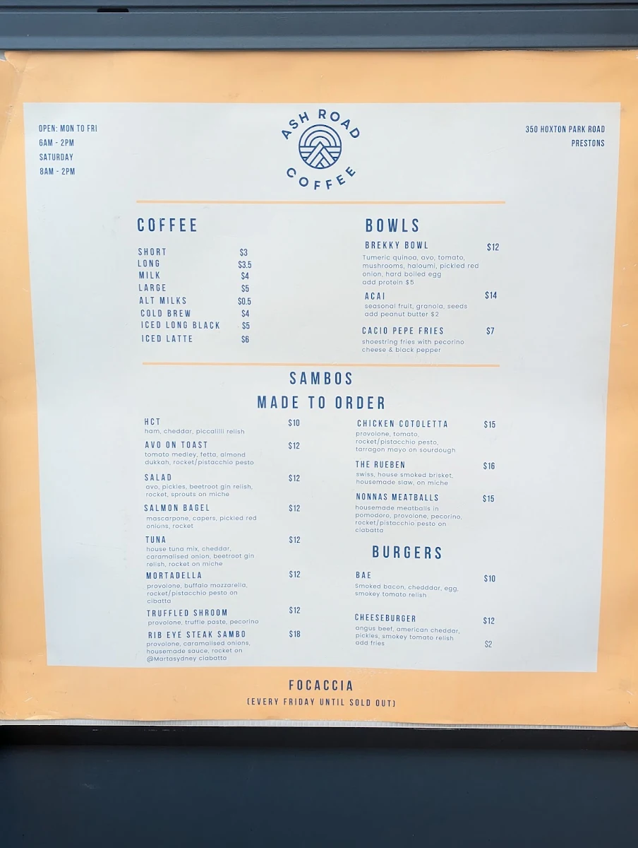 Menu, Toby’s Milkbar