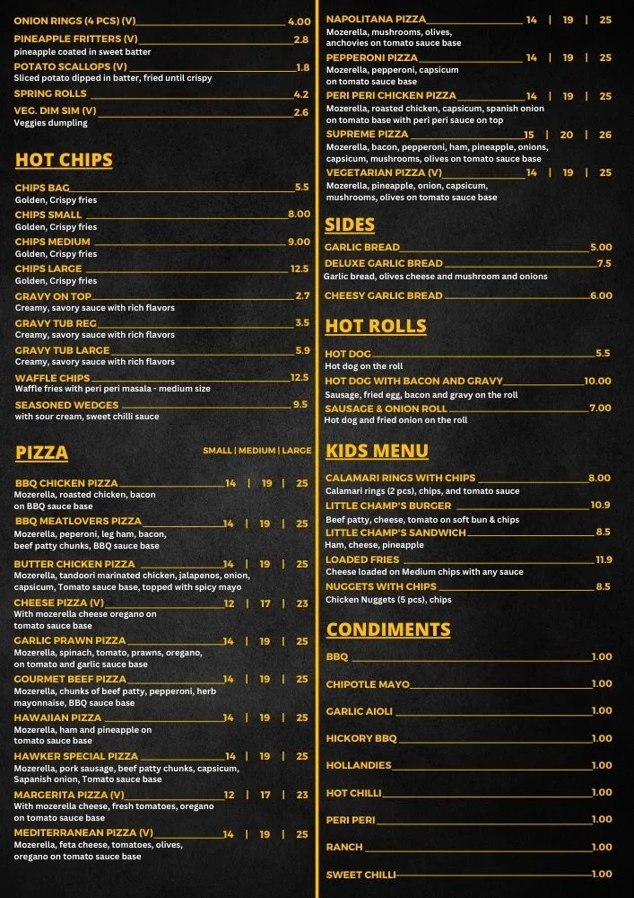 Menu, Hawker Take Away & Pizza