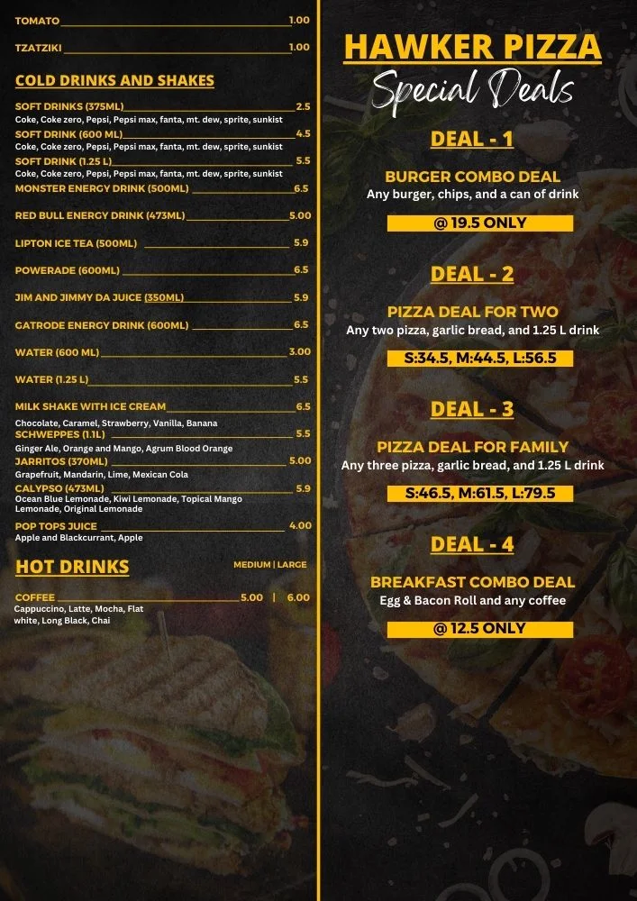 Menu, Hawker Take Away & Pizza