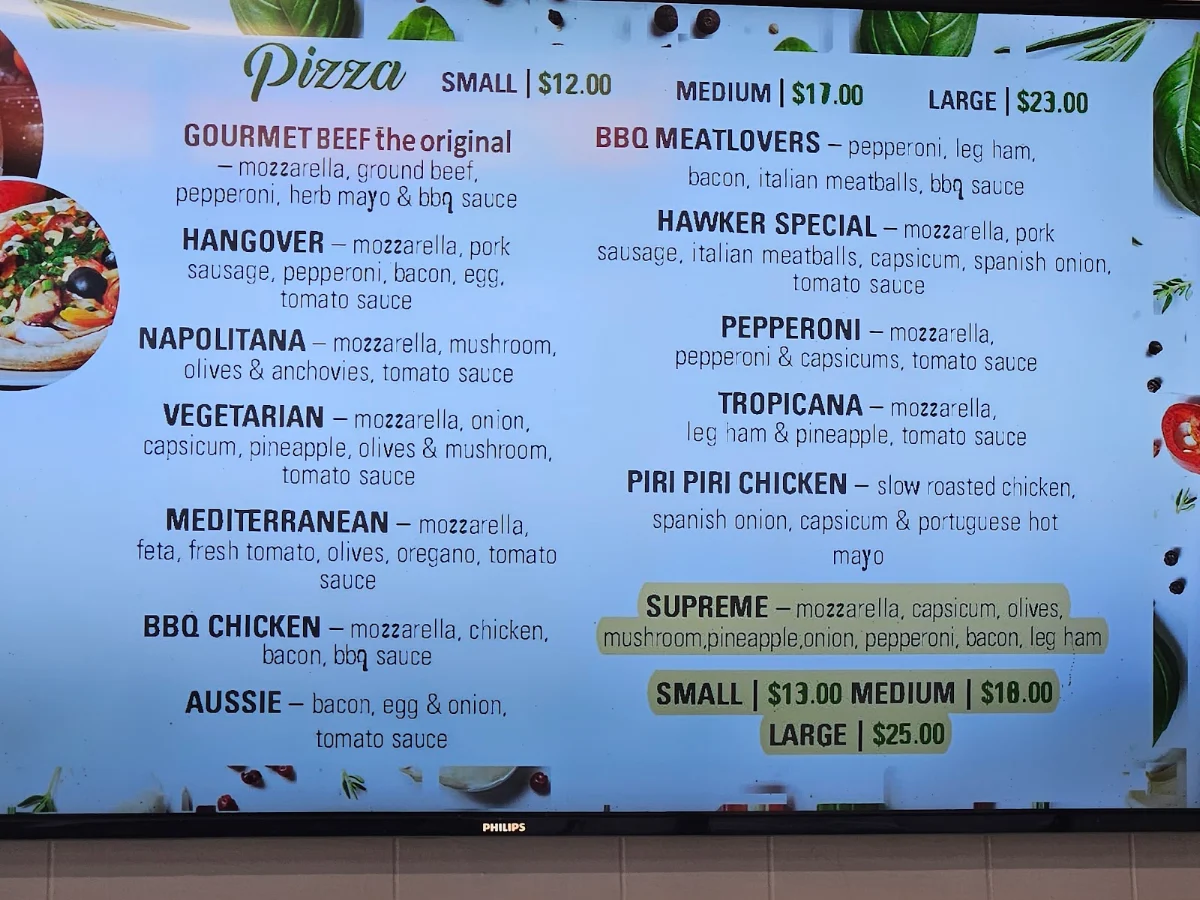 Menu, Hawker Take Away & Pizza