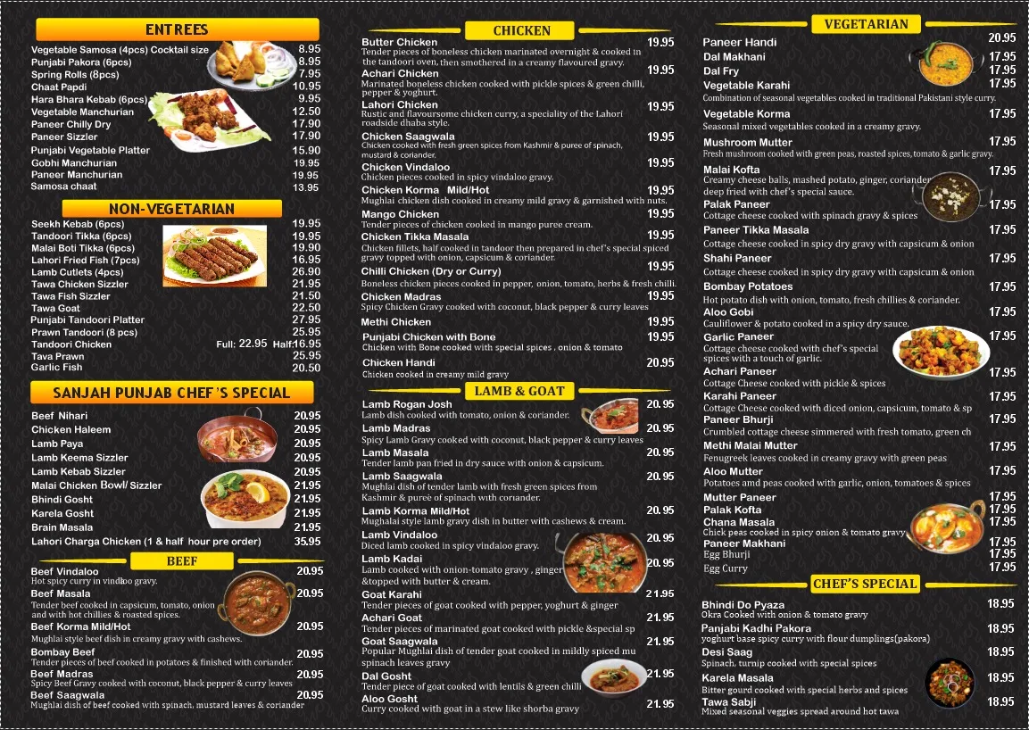 Menu, Sanjah Punjab Indian & Pakistani Restaurant