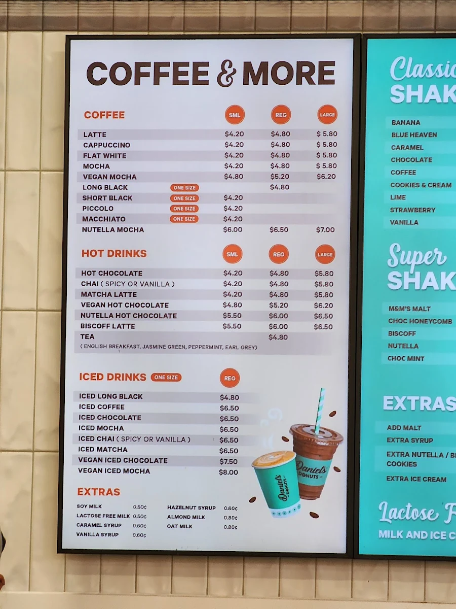 Menu, Daniel's Donuts Albury