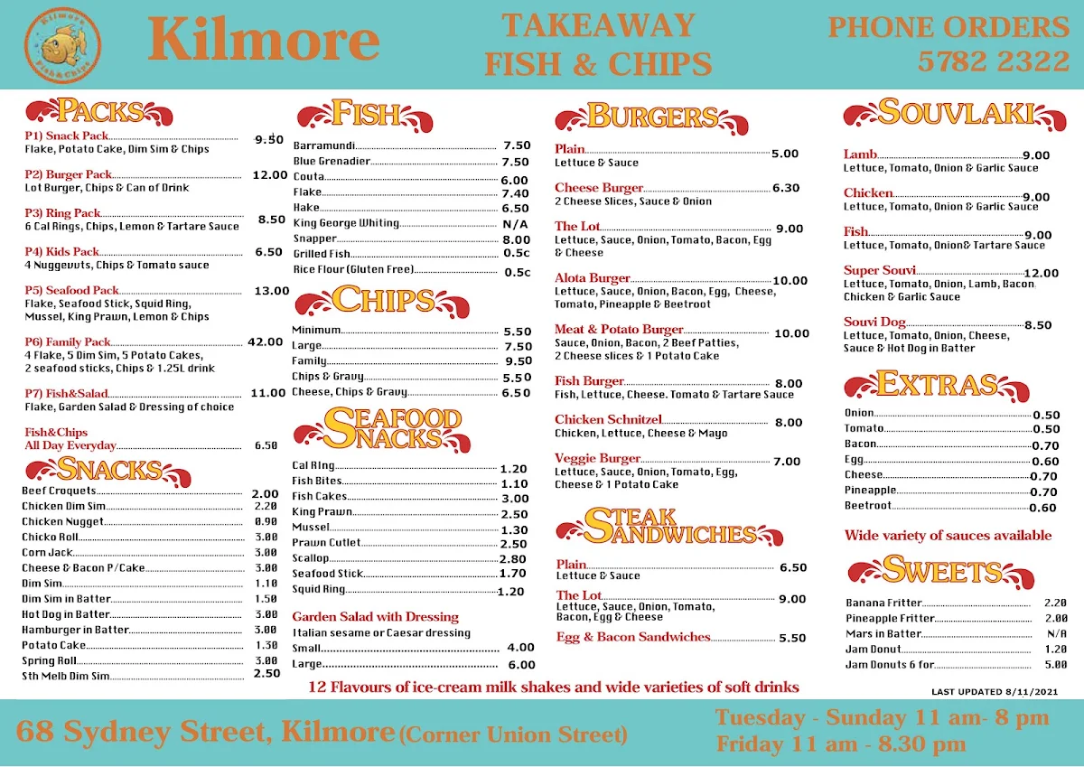 Menu, Kilmore Fish and Chips