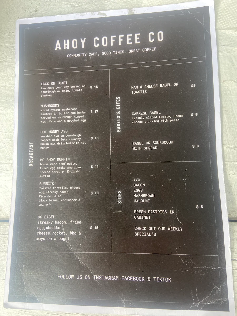 Menu, Ahoy Coffee Co