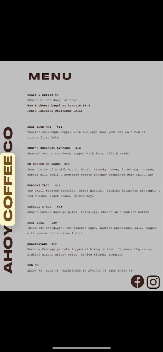 Menu, Ahoy Coffee Co