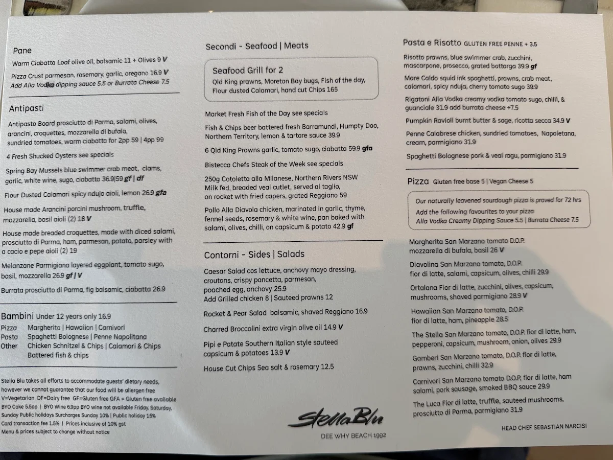 Menu, Stella Blu Dee Why
