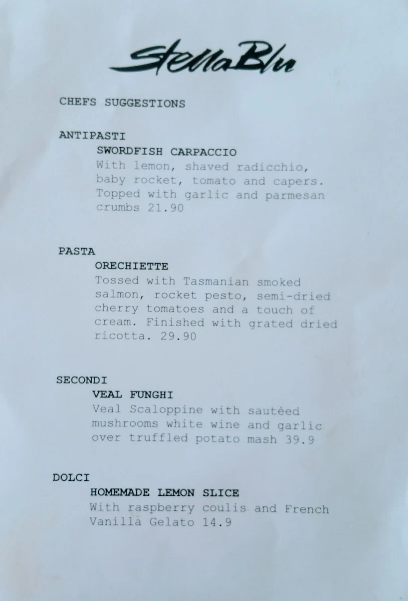 Menu, Stella Blu Dee Why