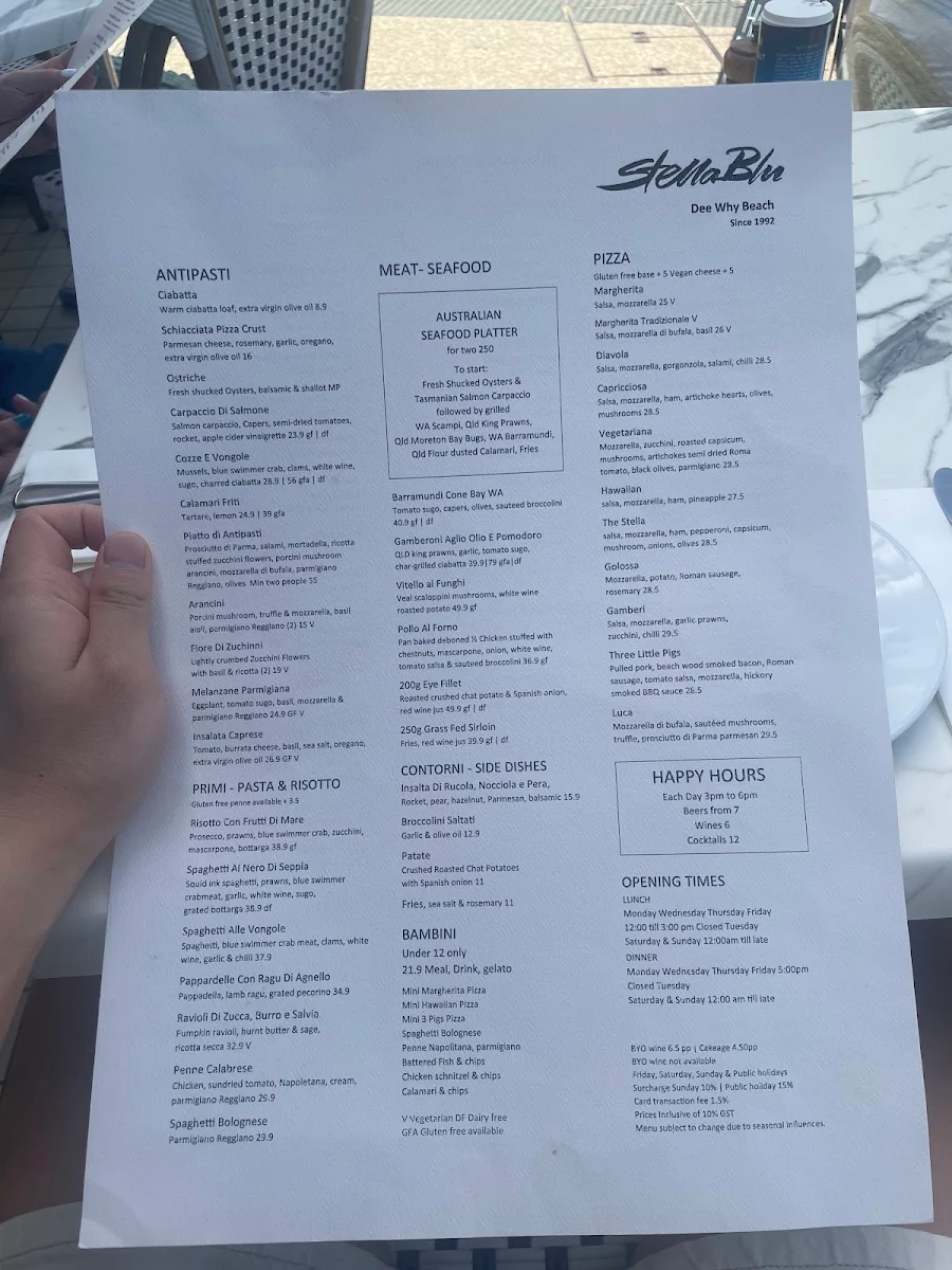 Menu, Stella Blu Dee Why