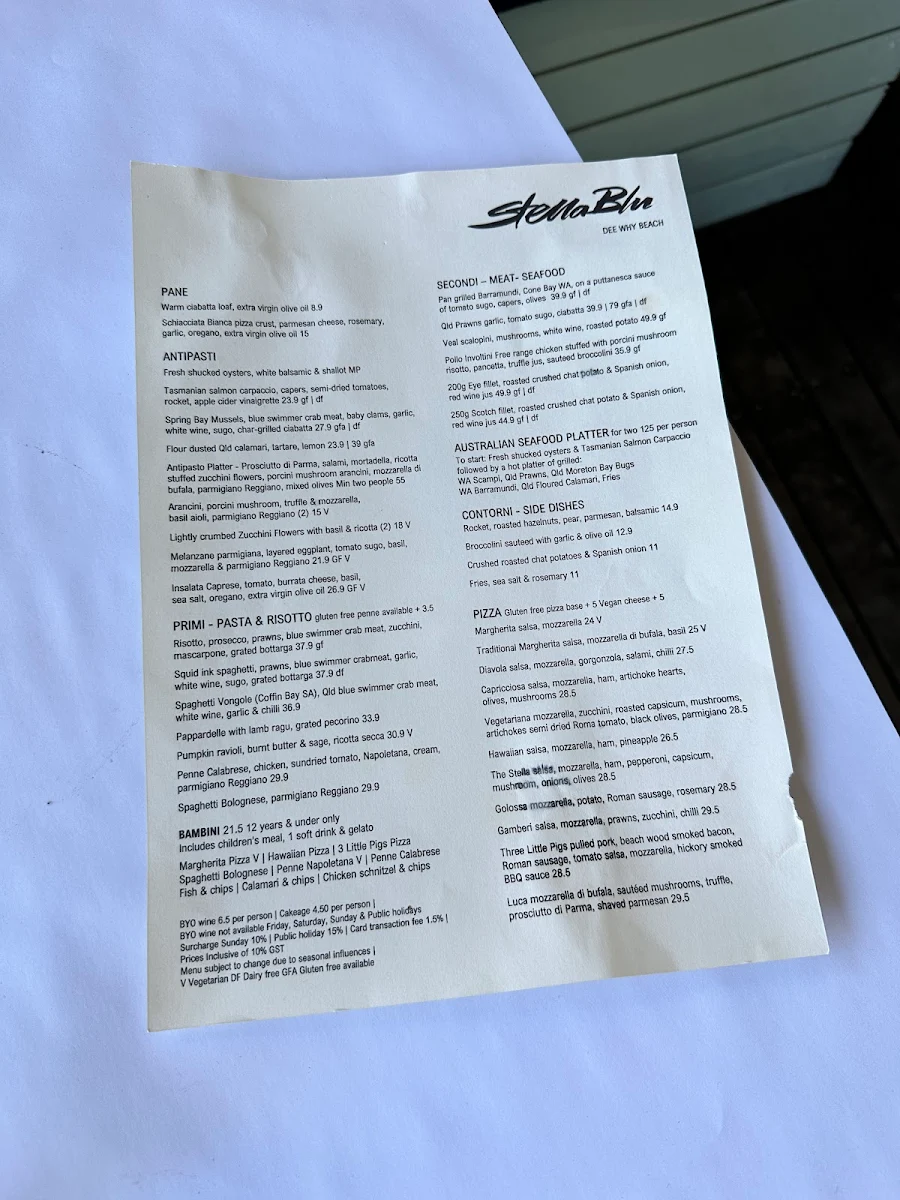 Menu, Stella Blu Dee Why