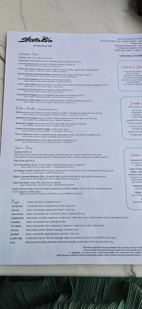 Menu, Stella Blu Dee Why