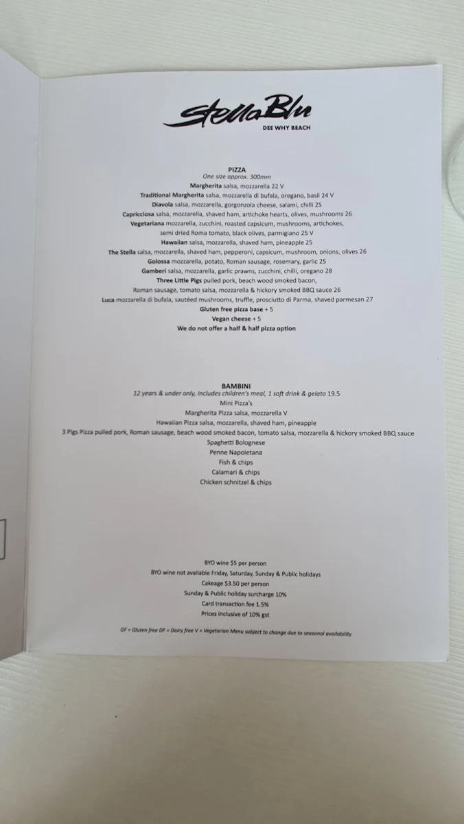 Menu, Stella Blu Dee Why