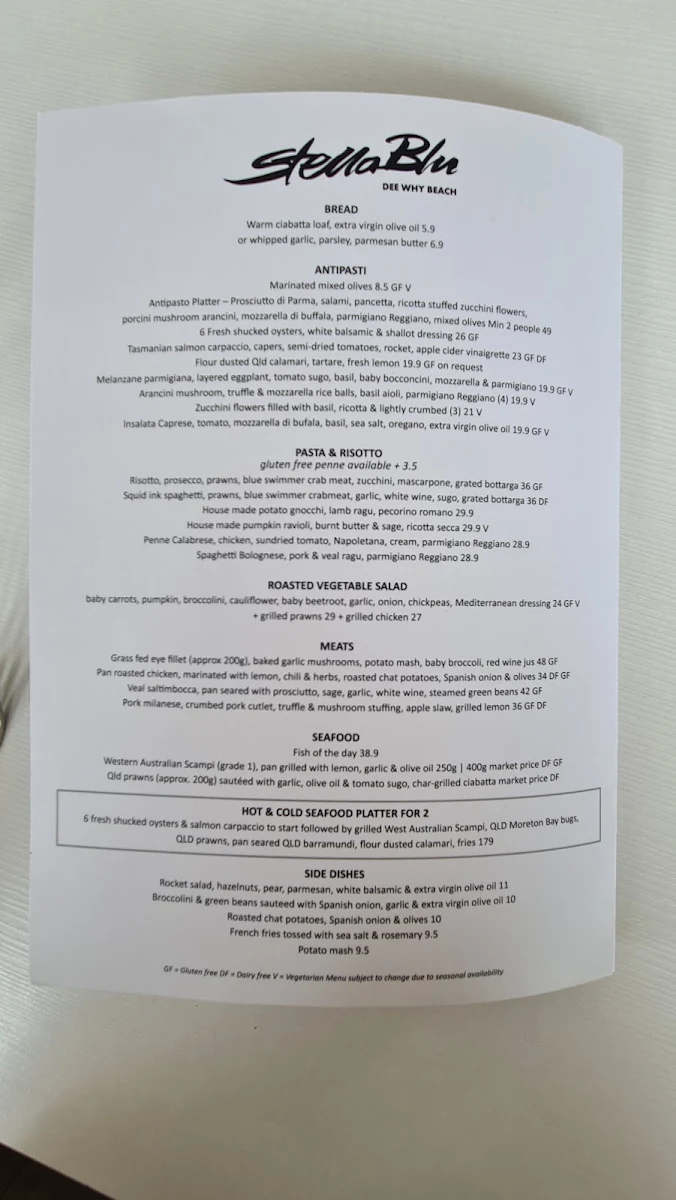 Menu, Stella Blu Dee Why