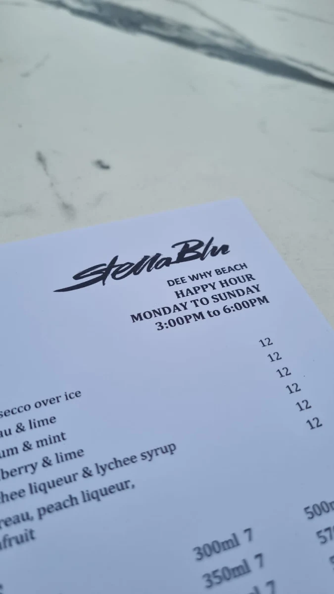 Menu, Stella Blu Dee Why