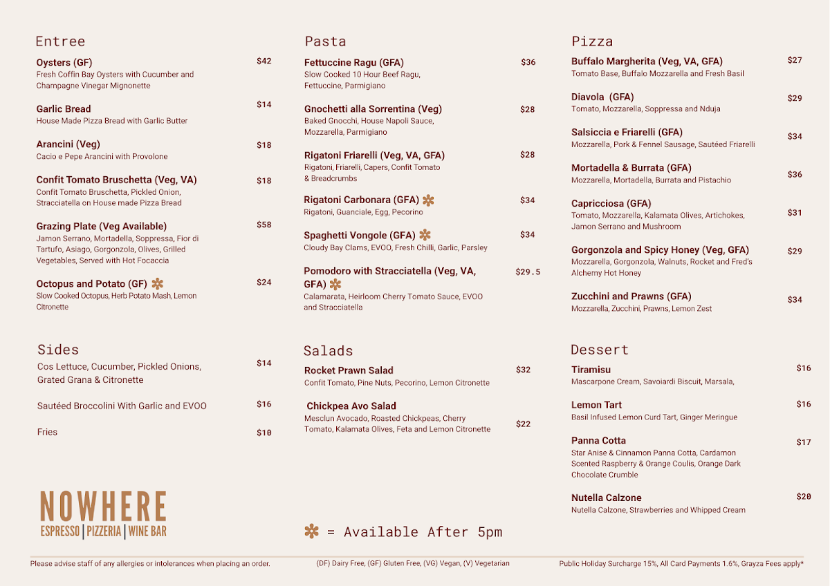 Menu, Nowhere Espresso Pizzeria and Wine Bar