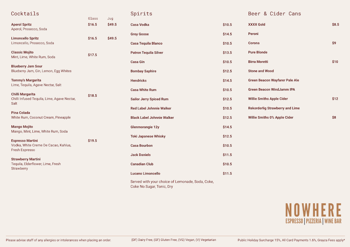 Menu, Nowhere Espresso Pizzeria and Wine Bar