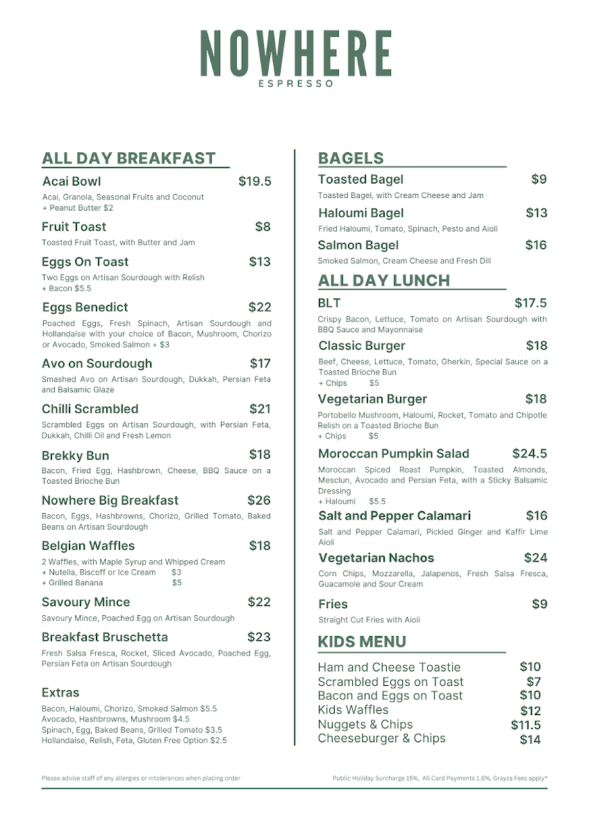 Menu, Nowhere Espresso Pizzeria and Wine Bar