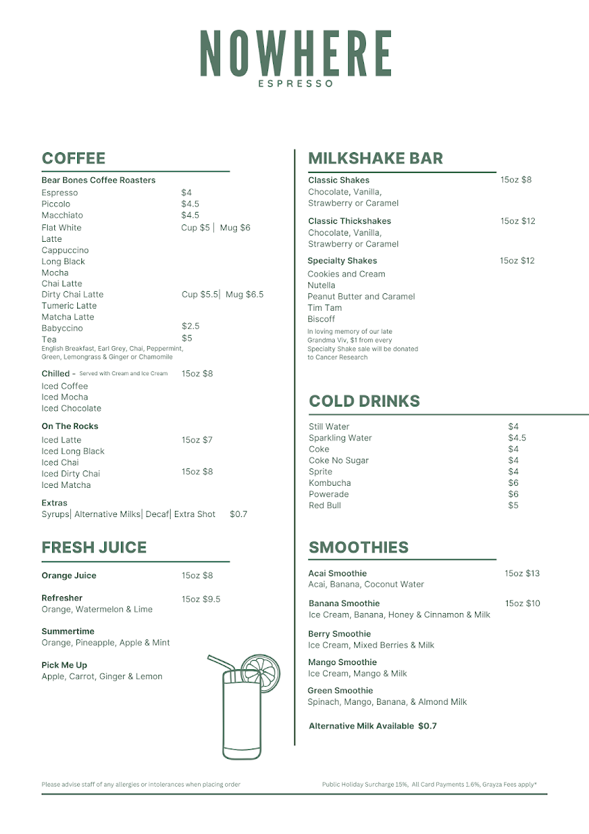 Menu, Nowhere Espresso Pizzeria and Wine Bar