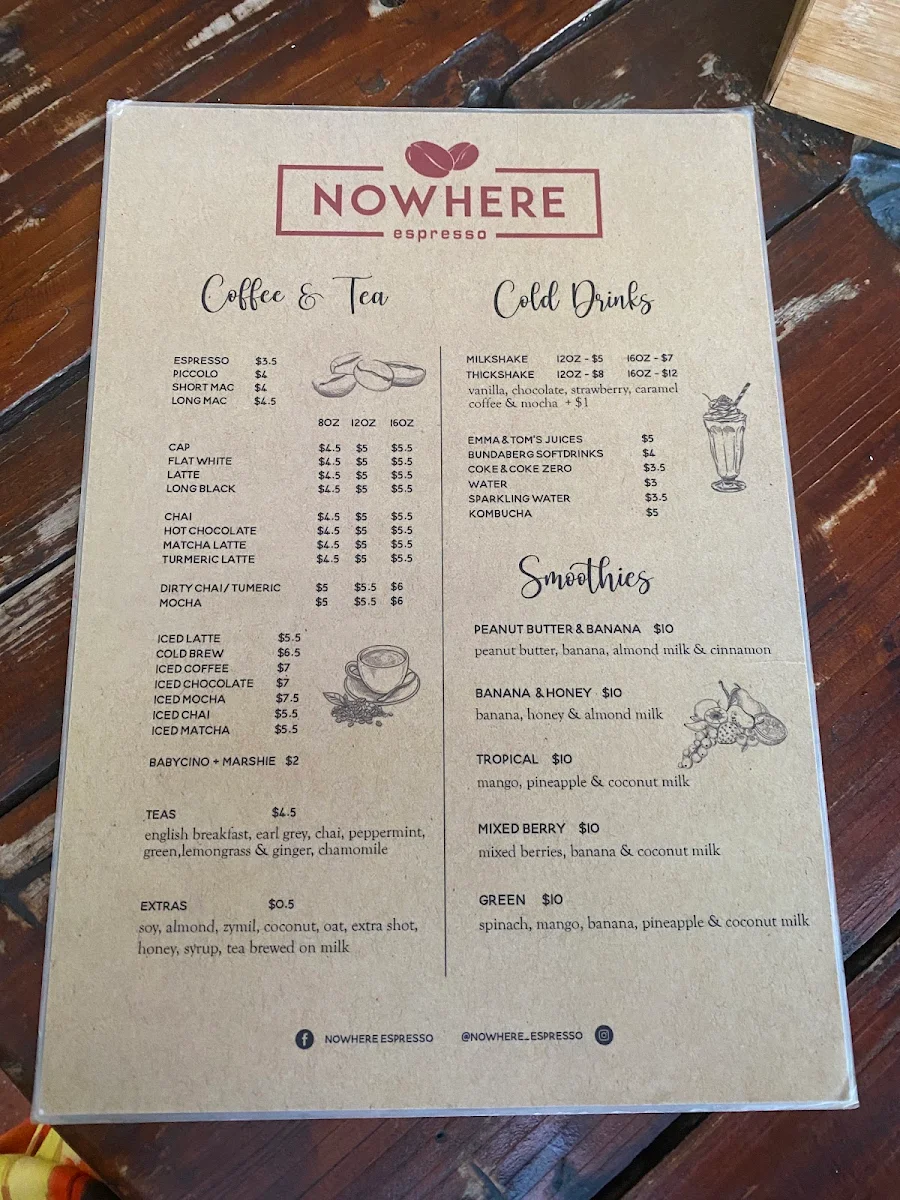 Menu, Nowhere Espresso Pizzeria and Wine Bar