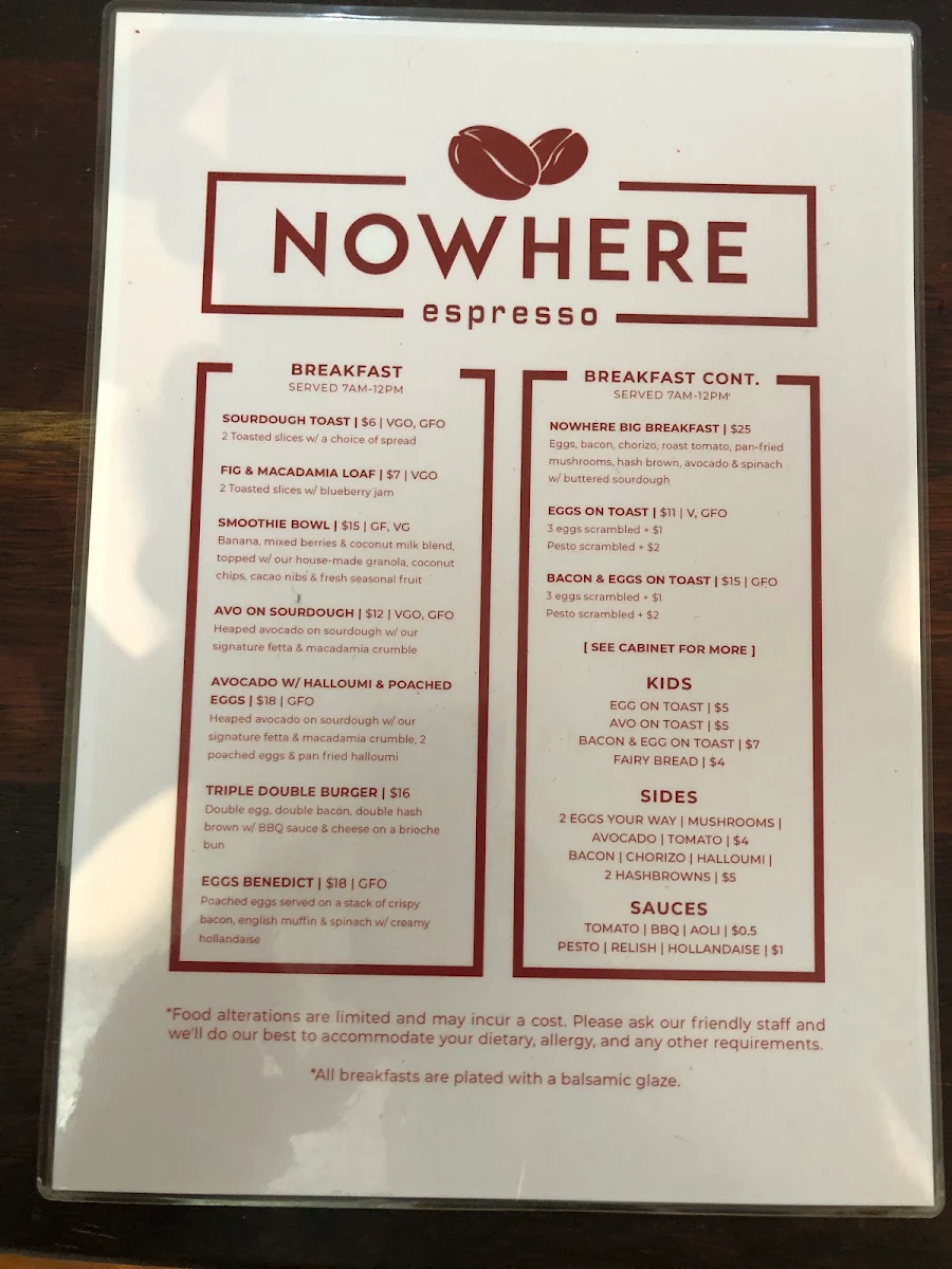 Menu, Nowhere Espresso Pizzeria and Wine Bar