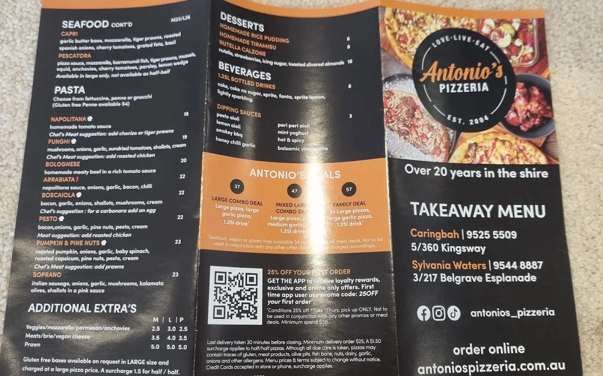 Menu, PIZZARRO Sylvania Waters