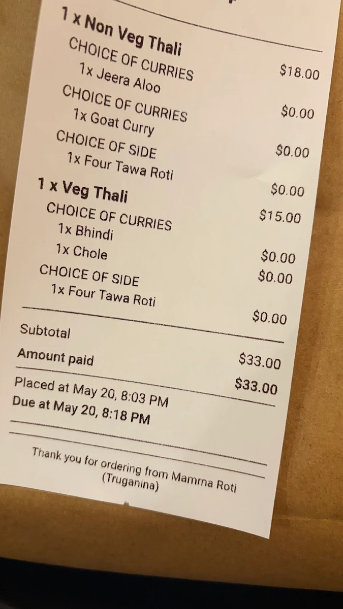 Menu, Mamma Roti