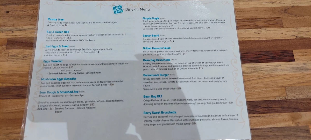 Menu, The Bean Bag Cafe Liverpool