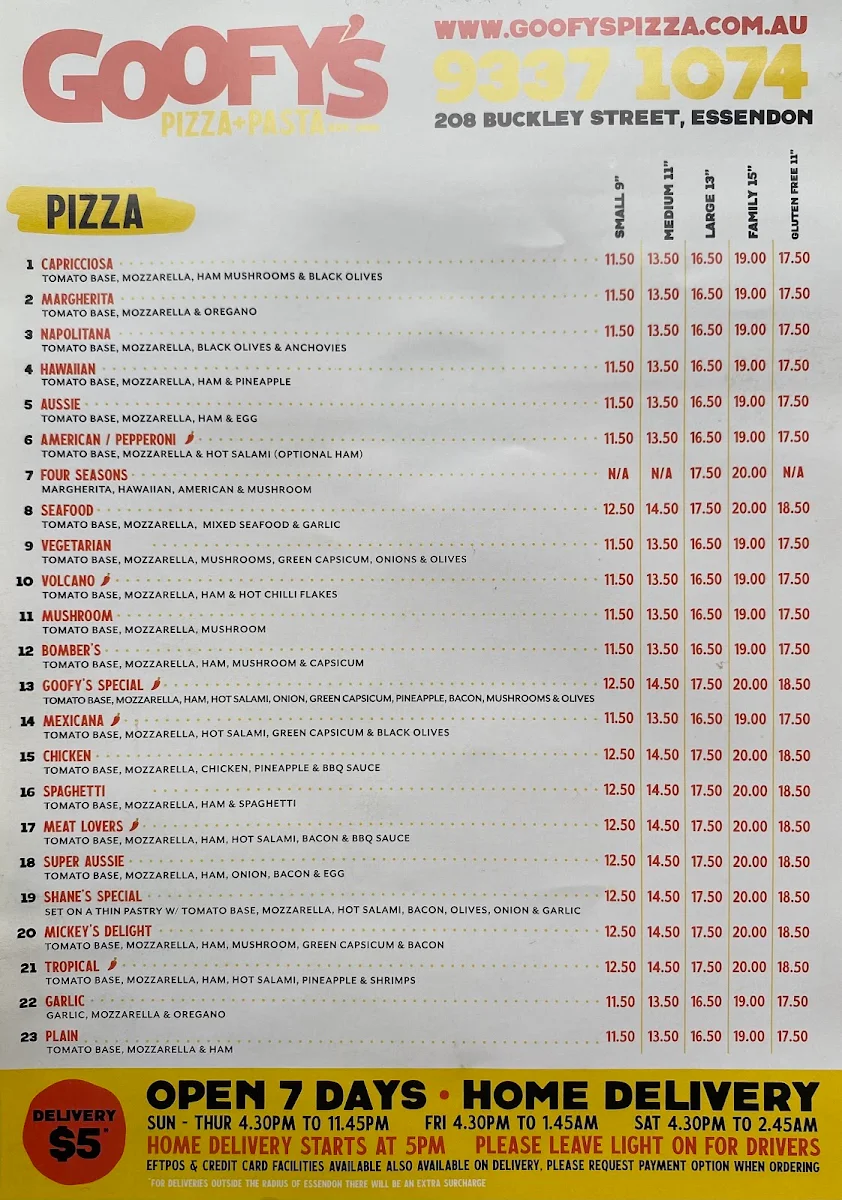 Menu, Goofy's Pizza House