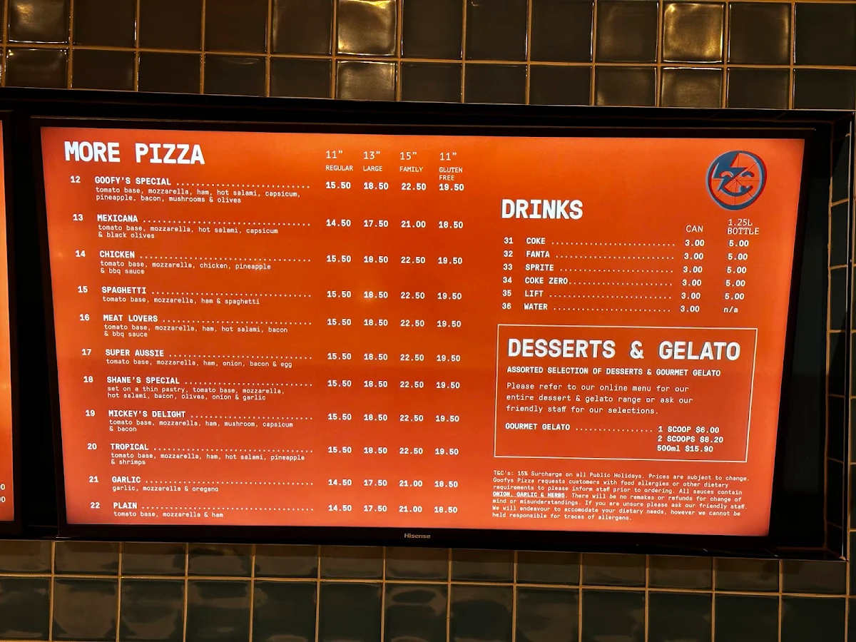 Menu, Goofy's Pizza House