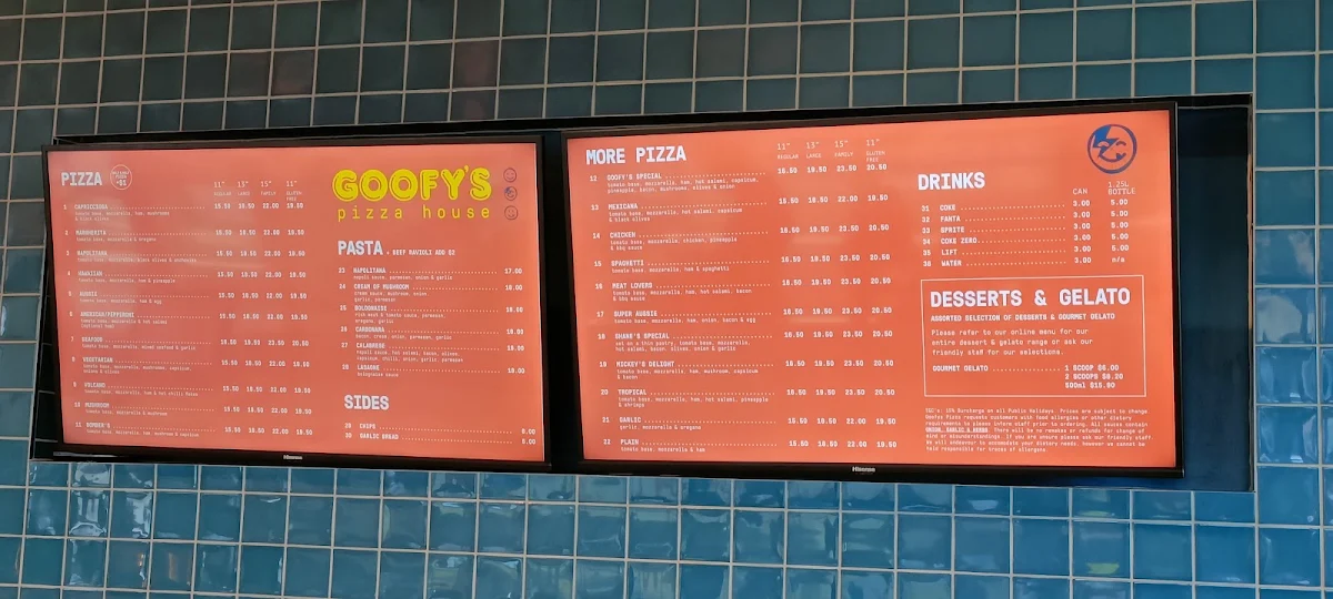 Menu, Goofy's Pizza House