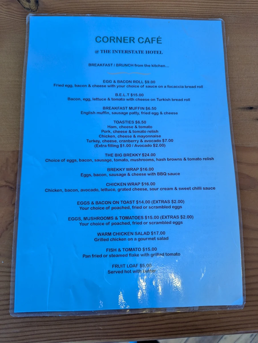 Menu, Corner Cafe at the Interstate Hotel