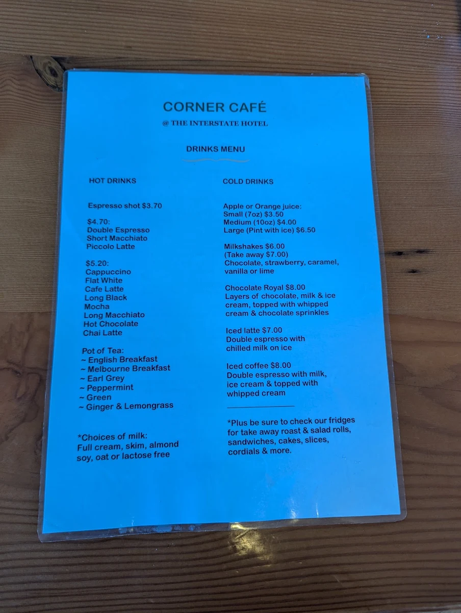 Menu, Corner Cafe at the Interstate Hotel