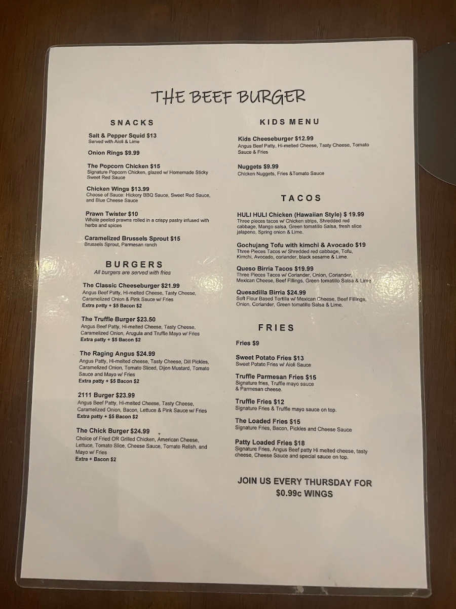 Menu, The Beef Burger