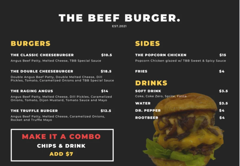 Menu, The Beef Burger