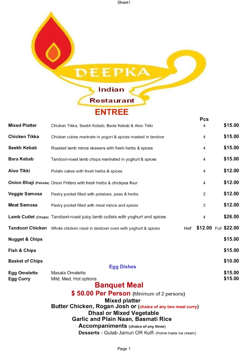 Menu, Deepka Indian Restaurant