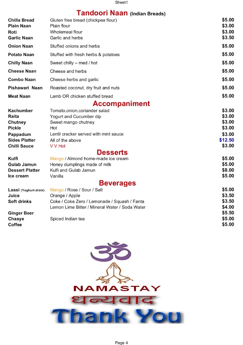 Menu, Deepka Indian Restaurant