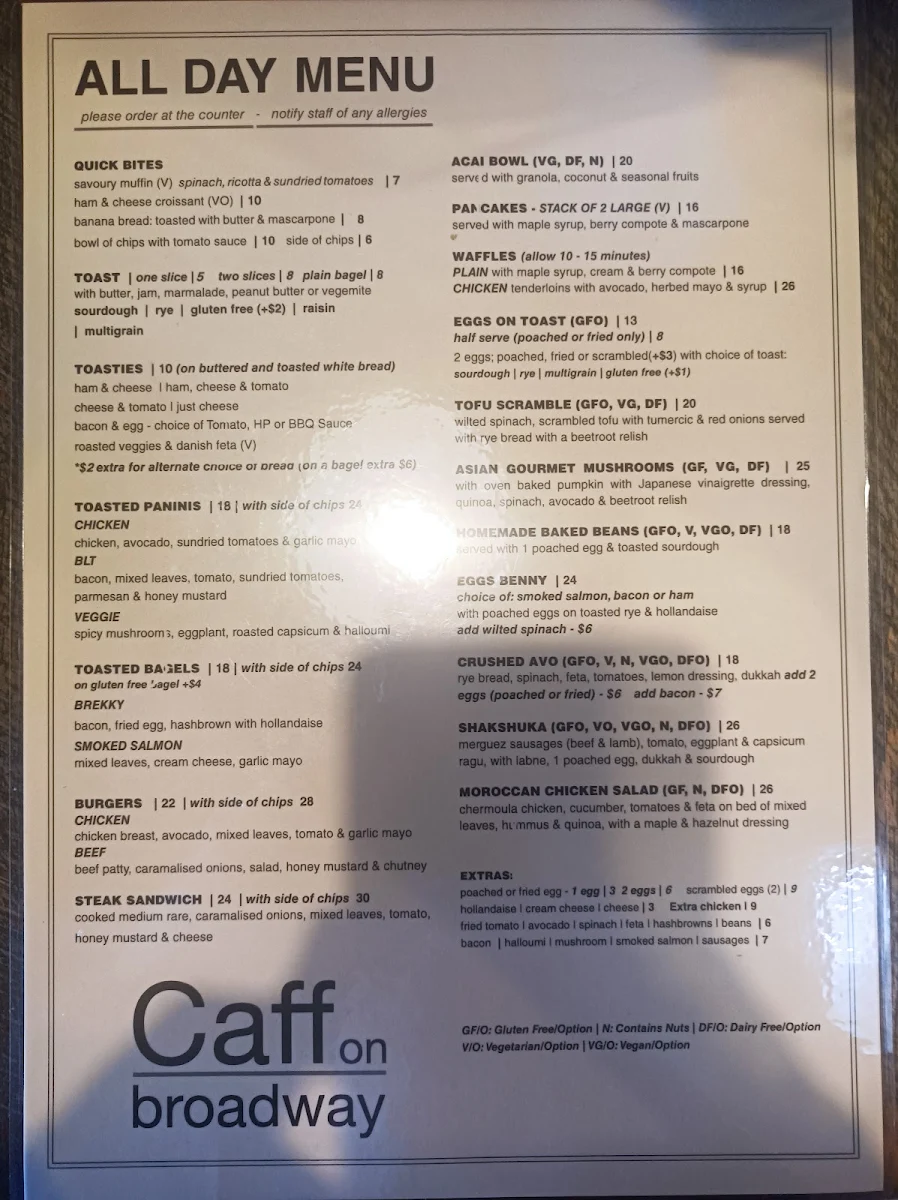 Menu, Caff on Broadway