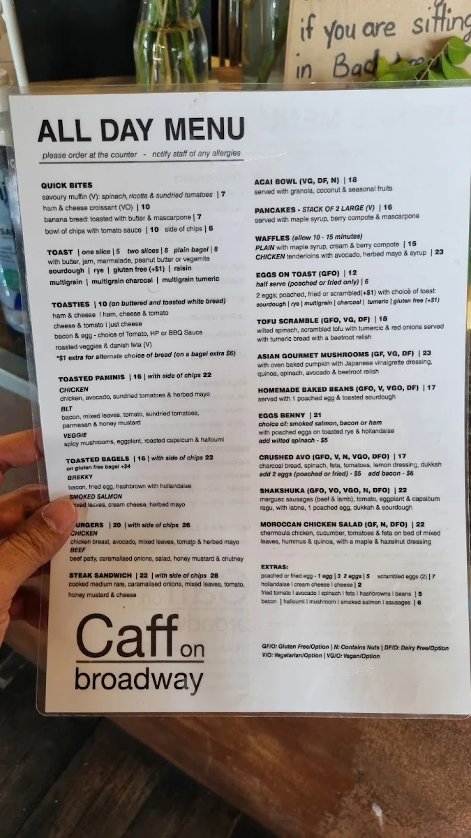 Menu, Caff on Broadway