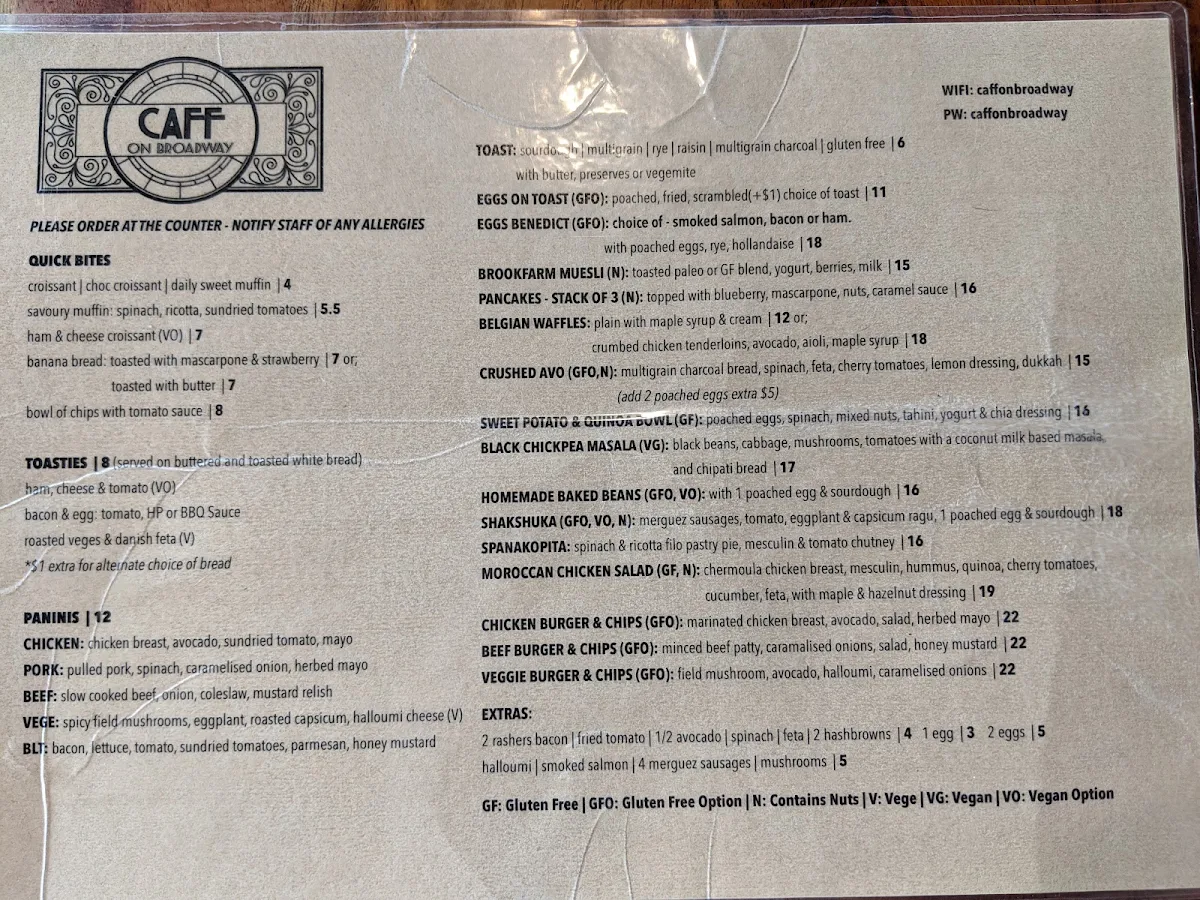 Menu, Caff on Broadway