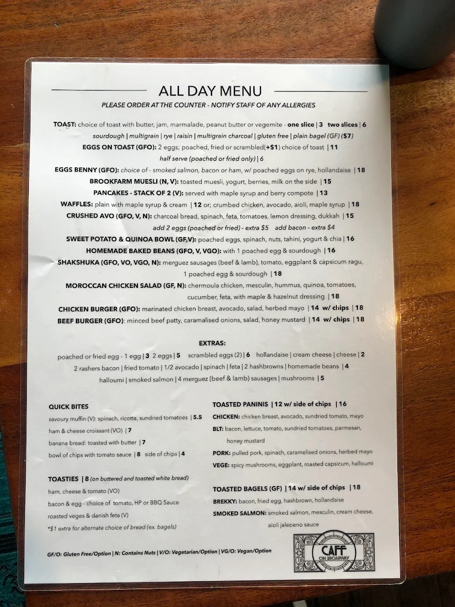 Menu, Caff on Broadway